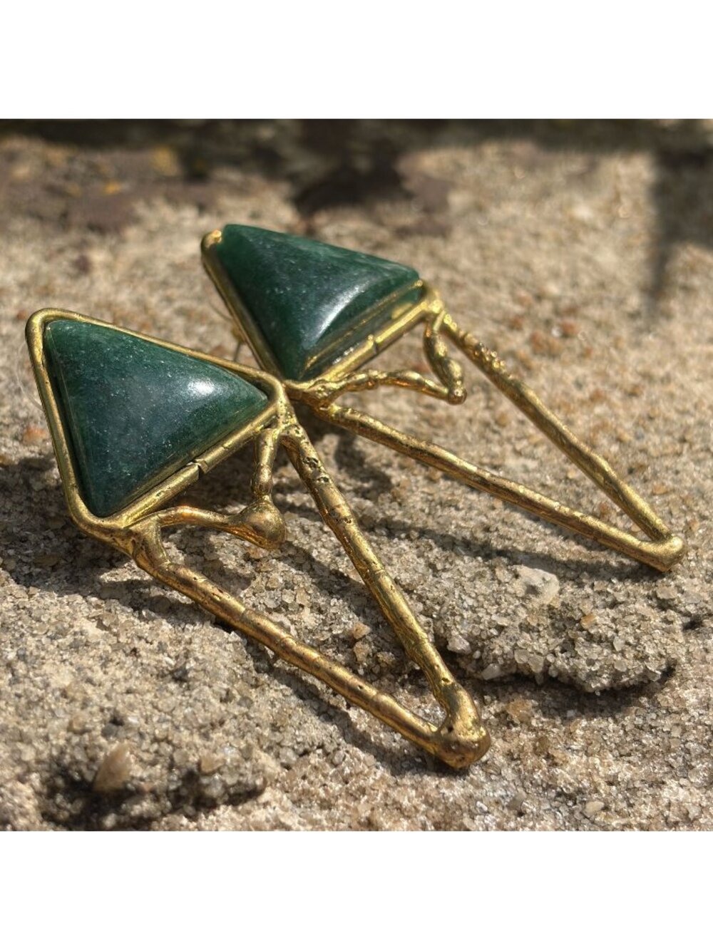 Brutalist Raw Gold Tone Green Aventurine Triangle Drop Statement Earrings Boho